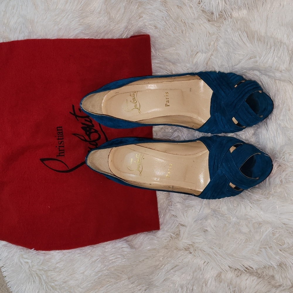 Christian Louboutin Teal heel peep toe pumps